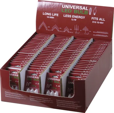 A display box filled with small LED light bulbs in individual packaging.