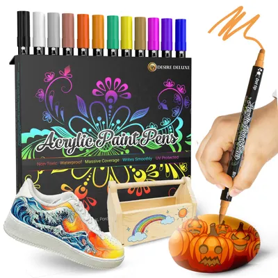 Produktbild von Desire Deluxe Acrylstifte Set 12 St – Wasserbasiert, ungiftig, wasserfest, Paint Pens für Stein, Keramik, Glas, Holz, Porzellan