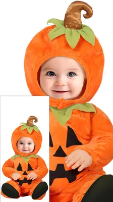 Productafbeelding van Halloween pompoen romper, kostuum voor baby, met capuchon, oranje. Vreugdevol en griezelig uiterlijk. Comfortabel pak voor kleine avonturiers, met lachende gezichten en schattige details. Perfect voor leuke momenten tijdens Halloween. Maat: 86/92. Kleur: oranje
