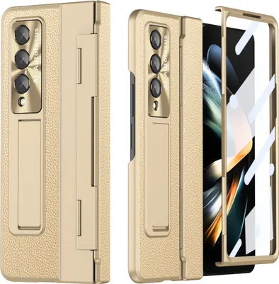 Obrázek produktu pro Galaxy Z Fold3 Pouzdro, Ochrana Displeje a Objektivu, Litschi Stojánkové Pouzdro pro Samsung Galaxy Z Fold 3 5G Zlato