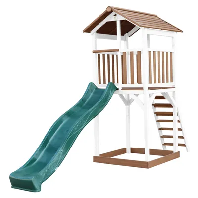 Immagine prodotto di AXI Beach Tower torre da gioco in legno in marrone e bianco | casetta per bambini con scivolo verde e sabbiera | casetta in legno per il giardino