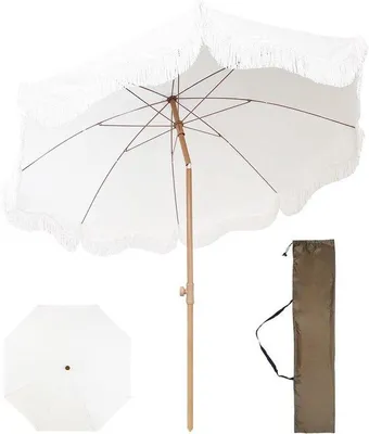 Productafbeelding van Strandparasol met Franje - Boho Parasol - Zonwering Buiten - Kantelmechanisme UV50+ - 200 cm - Wit