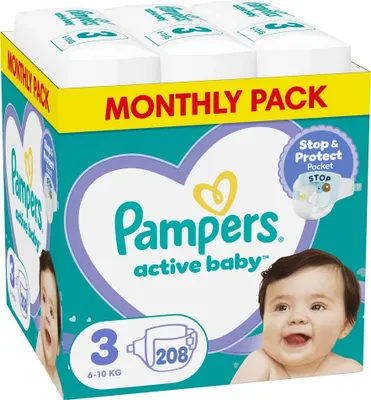 Productafbeelding van Pampers S3, maat 3, Active Baby maandbox met luiers, voorzien van een extra "slaag"-laag, 208 stuks.