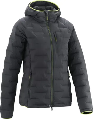 Dolo Jacket Daunenjacke von Edelrid in Schwarz mit Kapuze und grünem Reißverschluss.