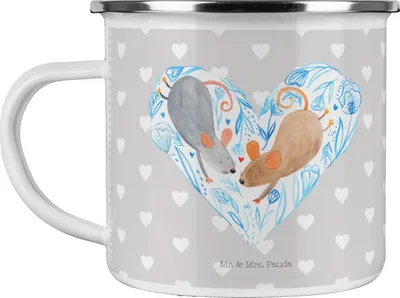 Produktbild von Mr. & Mrs. Panda Emaille Tasse Mäuse Herz - Grau Pastell - Geschenk, wanderbecher, Kaffeepott, Maus, Liebe, Pott, Freundin, Becher, für Immer, Lieblingsmensch, Teetasse
