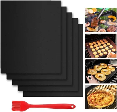 Produktbild von Wiederverwendbares Backpapier, 40 x 33 cm, Backpapier für Keks-Pizza-Gitter, BPA-frei, kann auf die passende Größe zugeschnitten werden (5er-Set + Pinsel)