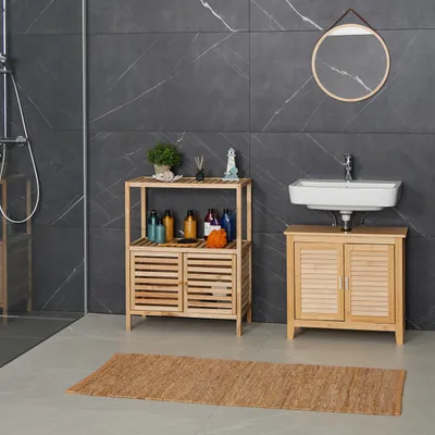 Produktbild von Relaxdays Badregal, Walnussholz, HBT: 86 x 67,5 x 35,5 cm, Badschrank mit 2 Türen, 2 Ablagen, Badezimmer & Küche, natur