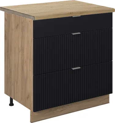 Produktbild von Küchenunterschrank Vicco Fame-Line Schwarz gestreift 80 cm mit 3 Schubladen, AP Eiche, Model 50908