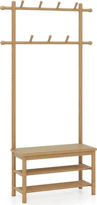 Image de Porte-manteau avec banc à chaussures, bambou, 2 barres, 13 crochets