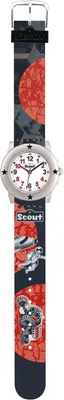 Produktbild von Scout Kinderuhr analog aus der Serie "Star Kids" mit orange schwarzem Kunstlederband, Weltraum-Motiven und Quarzwerk