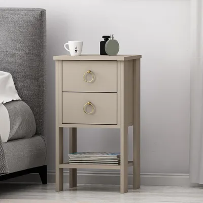 Immagine prodotto di Comodino Homidea CEVHER con 2 cassetti e ripiano – Comodino moderno per camera da letto – Tavolino con spazio contenitivo – 40 x 35 x 73,8 cm – Beige
