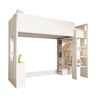 Produktbild von Hochbett Einzelbett,kinderbett,Vielseitiges 3-in-1 Holzbett- Mit Aufbewahrungsfächern,Kleiderschrank, offenen Regaleinheiten und Treppe