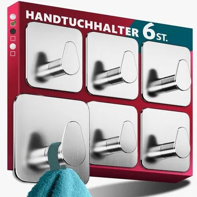 Produktbild von Famanu Handtuchhalter Set aus 6 ovalen, selbstklebenden Haken - Edelstahl