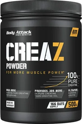 A black tub of Body Attack CREAZ POWDER supplement.