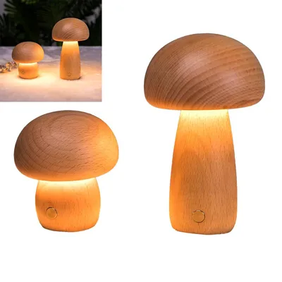 Produktbild von LED Nachtlicht Holz 2er – Pilz Nachtlampe USB kabellos, dimmbare 3W Nachttischleuchte für Kinder & Babyzimmer