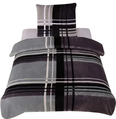 Produktbild von Winter Bettwäsche Teddy Plüsch gestreift modern Nicki Kuschelig Warm Fleece, Größe:2 teilig 135x200 cm, Farbe:grau