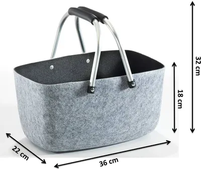 A grey felt basket with silver handles is shown against a white background, with dimensions indicated by arrows and text.