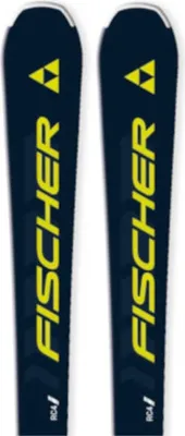 A pair of navy blue skis with yellow branding.