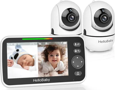 Produktbild von HelloBaby Babyphone mit 2 Kameras, Kein WLAN, 5" Geteilter Bildschirm, Kabelgebundene Kamera, 355°/120° Schwenken-Neige Babyphone, ECO, 2 Wege Audio