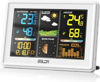 Produktbild von BALDR Wetterstation Funk mit Außensensor, Digital Farbdisplay DCF-Funkuhr Innen und Außen Thermometer Hygrometer, Funkwetterstation Wettervorhersage,