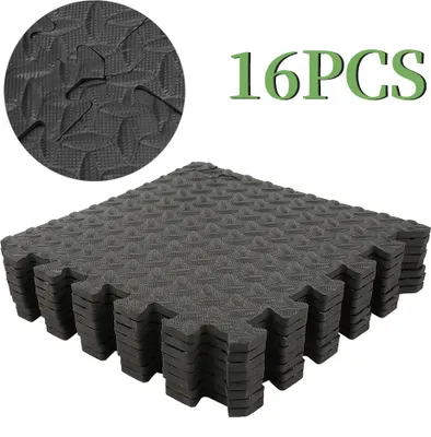 Produktbild von 16x EVA Schutzmatten Schutzmattenset Bodenschutzmatten Fitnessschutzmatten Trainingsmatten Unterlegmatten Sets in Blattmuster schwarz 30x30cm