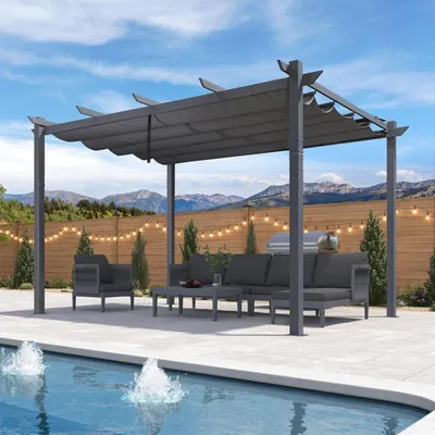 Produktbild von PURPLE LEAF Pergola 3x4 m stabil, Alu Garten Pavillon mit Schiebedach, Terrassenüberdachung Dunkelgrau Rahmen mit Sonnenschutz Überdachung, Grau