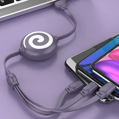 Produktbild von 3 in 1 Datenleitung Retraktable USB Portable 3A Schnellladekabel Typ C lila