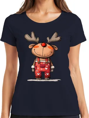 Produktbild von Rudolf Rentier rote Nase Weihnachten niedlich Geschenk Cartoon Damen T-Shirt, Navy, S