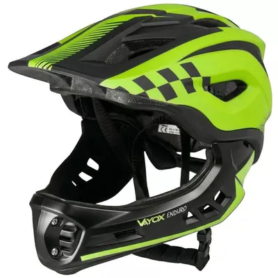 Obrázek produktu pro Cyklistická přilba Vayox Enduro VA0421GS, nastavitelná od 48 do 52 cm – velikost S – s odnímatelným chráničem brady – černá/zelená