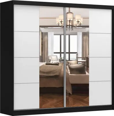 Produktbild von Kleiderschrank M38 mit Spiegel 233 cm, Schwebetürenschrank, Garderobeschrank Schlafzimmer; Wohnzimmerschrank; Korpus Schrank Farbe: Schwarz; Farbe der Schrankfront: Weiß - 2 Schiebetüren