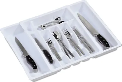 Produktbild von KESPER Besteckkasten ausziehbar, weiß, 6–8 Fächer, variabel 29–50 cm breit, PP-Kunststoff, Tiefe 38 cm, Höhe 6,5 cm, 30086