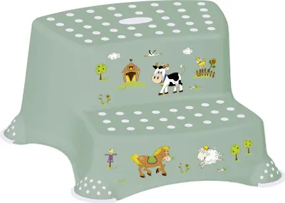 A light green step stool with farm animal illustrations, including a cow, horse, and sheep, on a white background.