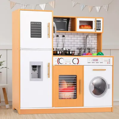 Immagine prodotto di Cucina giocattolo in legno per bambini - Con luci e suoni - Include alimenti giocattolo e utensili da cucina - Dimensioni: 84 x 80 x 25 cm - Aspetto legno, colore bianco