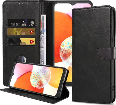 Immagine prodotto di Custodia per telefono Samsung Galaxy A14 in ecopelle con labbro magnetico e portacarte a libro con patta - Nero - Smartphonics