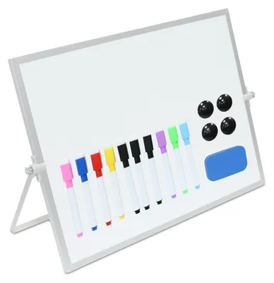Zdjęcie produktu dla Stolik z tablicą suchościeralną Relaxdays, 30 x 40 cm, magnetyczny, obracany o 360°, w zestawie z pisakami, magnesami, gąbką i tablicą magnetyczną, biało-srebrny