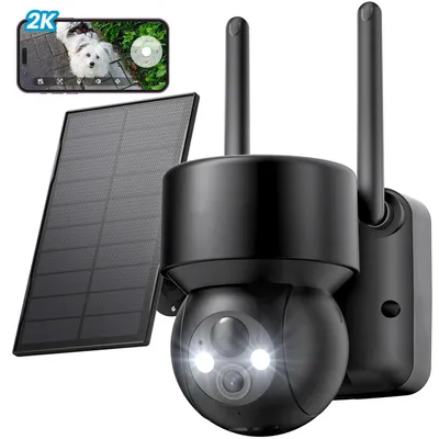 Image de Caméra de surveillance extérieure Batterie solaire Caméra 2K Surveillance extérieure WLAN Outdoor sans fil Panneau solaire 360 degrés PTZ PIR Détecteur de mouvement Vision nocturne couleur
