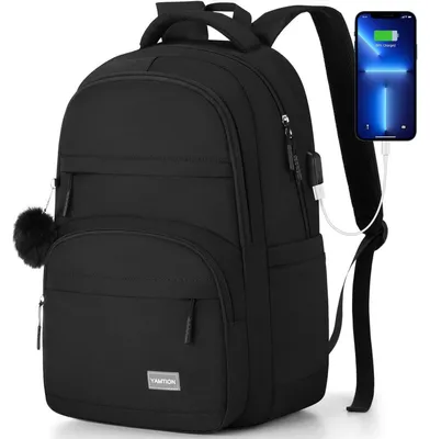 Obrázek produktu pro Školní batoh pro dívky a teenagery, černý, s přihrádkou na notebook o velikosti 15,6 palců, USB nabíjecí port, voděodolný