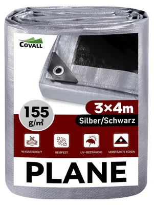 Productafbeelding van Afdekzeil met oogjes, 3x4 meter, 155 g/m², zilver/zwart, waterdicht, scheurbestendig, UV-gestabiliseerd