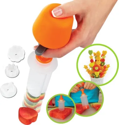 Produktbild von Obst Gemüse Ausstecher | Formschneider inkl. 6x Holzspieße | Lebensmittelform Dekoration Set | Melonenausstecher | Portionierer | Party Leckereien, Snacks, Kuchen dekorieren Herz Blume Schmetterling