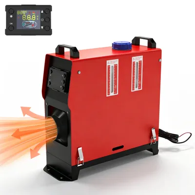 Productafbeelding van YARDIN mobiele dieselverwarming 8kW 12V, dieselverwarmingsapparaat met zwart LCD-scherm, rood-zwarte behuizing, draaibare luchtuitlaat, tijdelijke ruimteverwarming