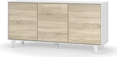 Produktbild von Arvada Sideboard, Modernes Sideboard mit 3 Türen und Regalen, Küchenbuffet, Designbuffet im Wohnzimmer, 154 x 40 h 75 cm, Weiß glänzend und Weiß