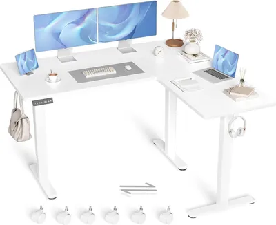 Obrázok produktu pre Výškovo nastaviteľný rohový stôl v tvare L 160x140 cm biely s dvojitým motorom