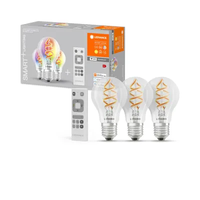 Produktbild von Ledvance Smart+ LED Starterkit 3 x LED A60 Birnen 4,5W = 30W E27 klar RGBW Dimmbar + Fernbedienung WiFi