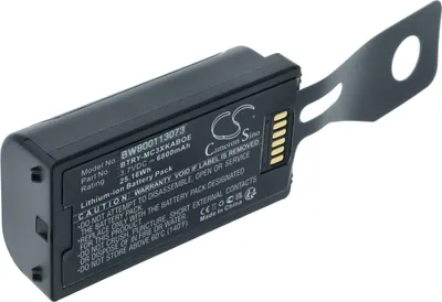 A black lithium-ion battery pack with a metal bracket attached.
