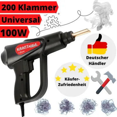 A stapler gun and its accessories against a white background, with promotional text and graphics.