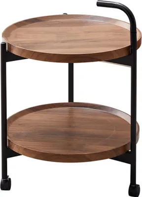 A two-tiered serving cart with wooden trays and a black metal frame.