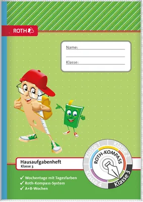 Produktbild von ROTH Kompass-Hausaufgabenheft 3. Klasse - A5, liniert mit Tagesfarben - Grundschule Aufgabenheft mit Umschlag