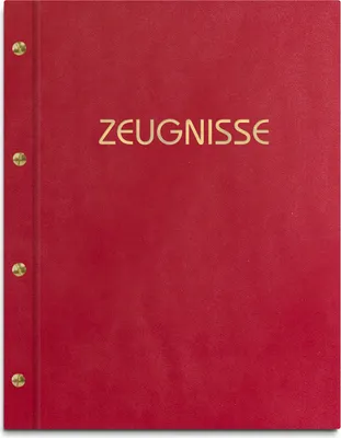 Produktbild von Zeugnismappe im roten Einband in Lederoptik, mit hochwertigem Prägedruck in gold – handgefertigte Mappe für Zeugnisse inkl. 12 Sichthüllen