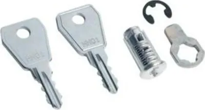 A set of keys, a lock cylinder, and two small metal pieces are arranged on a white background.