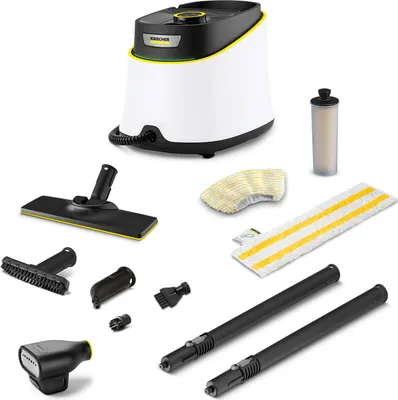 A Kärcher steam cleaner and its accessories are displayed against a white background.